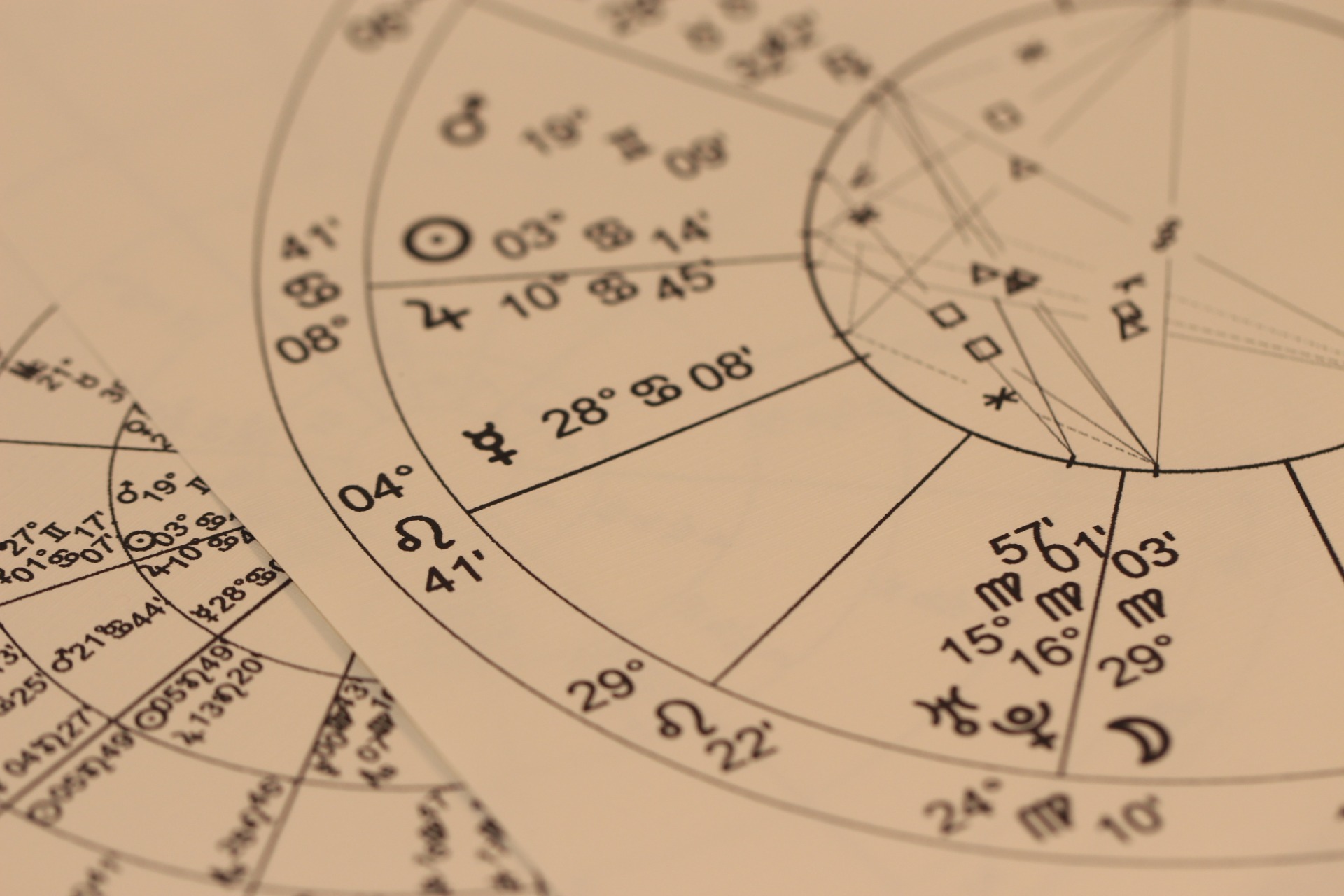 Planșă astrologică cu cercuri și simboluri zodiacale, numere și grade, în prim-plan, ușor neclar, pentru o sedinta de astrologie cu Marie-Luisa Beldiman
