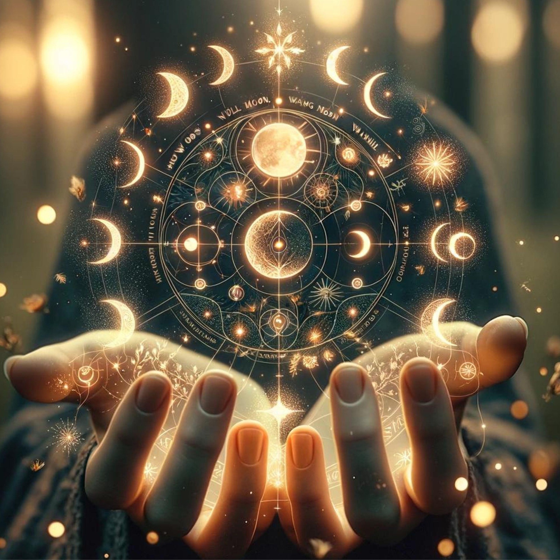 Cerc cosmic cu lună, stele și scântei, tinunt in două palme întinse în față.